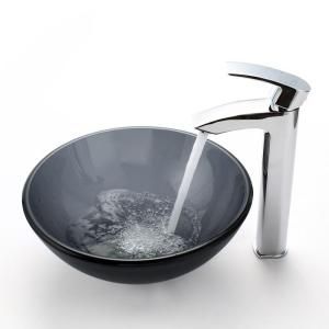 KRAUS Vessel Sink in Frosted Glass Black with Visio Faucet in Chrome C GV 104FR 14 12mm 1810CH