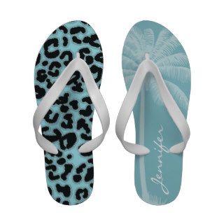 Summer Palm; Blizzard Blue Leopard Animal Print Flip Flops