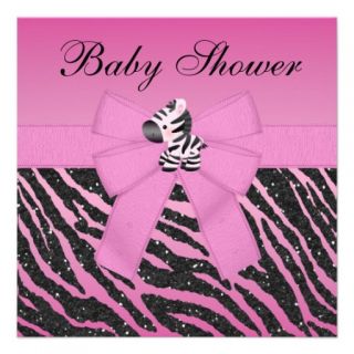 Pink Zebra & Butterflies Faux Glitter Baby Shower Invitation