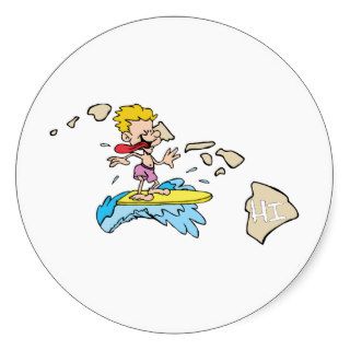 Hawaii HI Map & Hawaiian Surfer Cartoon Round Sticker