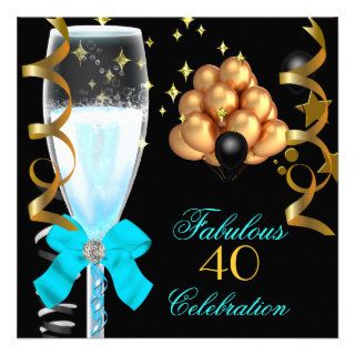 40 & Fabulous Teal Blue Gold Birthday Champagne Invitation