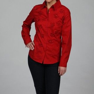 Katherine New York Women's Red Flower embellished Top Short Sleeve Shirts