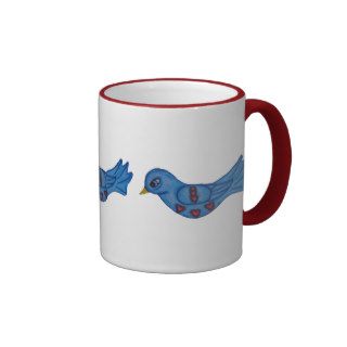 Folk Art Fantasy Cute Blue Bird Red Hearts Coffee Mugs