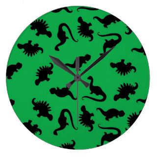 Dinosaur Silhouettes on Green Background Pattern Wall Clocks