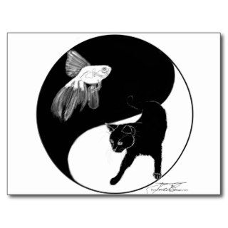 YinYang Fish and Cat   Black and White Postcard