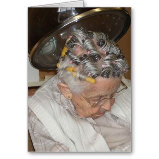 Little Old Woman Asleep Under Hair Dryer Greeting Cards