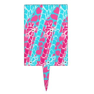 Funny cute Giraffes teal pink mod abstract pattern Rectangle Cake Toppers