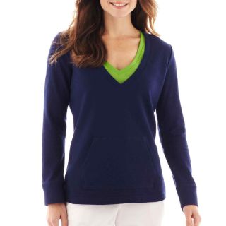 LIZ CLAIBORNE Long Sleeve V Neck Sweatshirt, Am. Navy, Womens