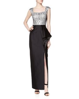 Sleeveless Lace & Satin Gown, Black/White
