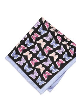 Butterfly Print Silk Pocket Square, Lilac/Black