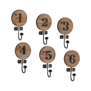 Set of 6 Numbered Wall Hooks, Brown