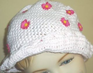 Sj.106 Hand Crocheted White Color Cotton Hat with Fuchsia Satin Daisies for Girls Ages 4 6 Years Clothing