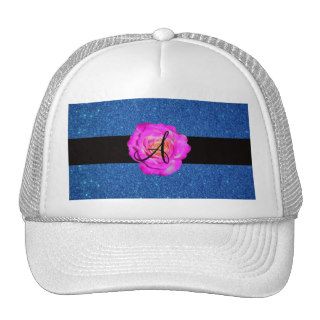 Hot pink rose monogram blue glitter mesh hats