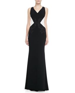 Womens Embroidered Colorblock Evening Gown, Black/White   Escada