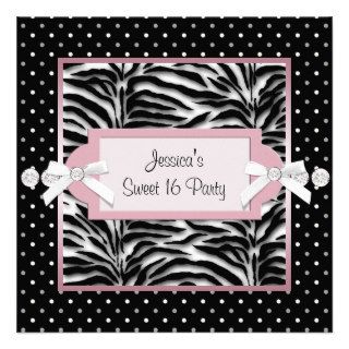 Black White Pink Zebra Sweet 16 Birthday Party Personalized Invitations