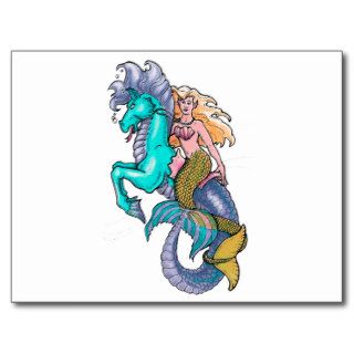 mermaid riding seahorse postcards