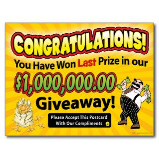 Congratulations You Have Won Last Prize   Funny Post Card