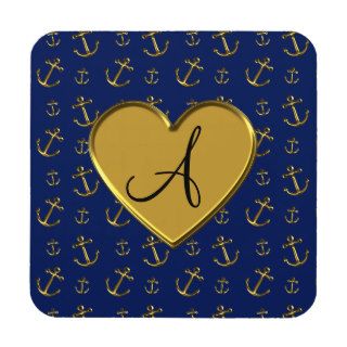 Monogram navy blue gold anchors gold heart beverage coasters