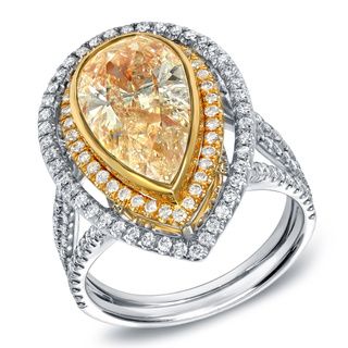Auriya 14k Gold 4 1/4ct TDW EGL USA Certified Fancy Yellow Diamond Pear Halo Ring (G H, SI1 SI2) Auriya One of a Kind Rings