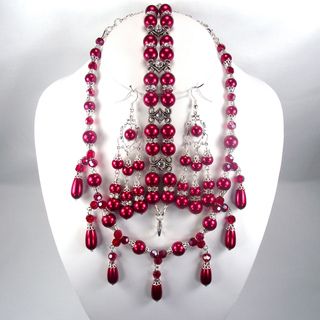Deep Red Glass Pearl and Dark Red Crystal Jewelry Set Jewelry Sets
