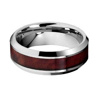 *** LASER ENGRAVING SERVICE *** 8mm Genuine Mahogany Wood Inlay Cobalt Free Tungsten Carbide Comfort Fit Wedding Band Ring (Size 8 to 14) The World Jewelry Center Jewelry