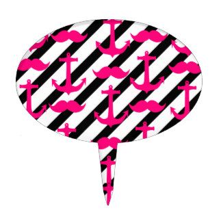 Neon Pink Mustaches Anchor Mod Black White Stripes Cake Toppers