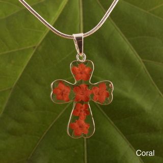 Sterling Silver Red Mini Flower Cross Necklace (Mexico) Necklaces