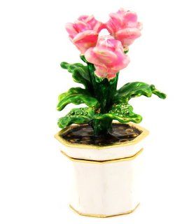 Objet D'Art Release #169 "Roses Are Pink" Potted Flower Handmade Jeweled Enameled Metal Trinket Box   Action Figure Accessories