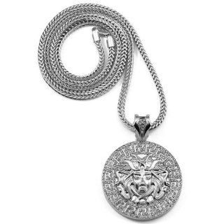 GALHAM   New Iced Out Silver Medusa Piece Pendant & 36" / 3mm Franco Chain Necklace Jewelry