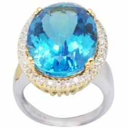 De Buman 18K Gold and Silver Blue Oval Prong set Topaz and Cubic Zirconia Cocktail Ring De Buman Gemstone Rings