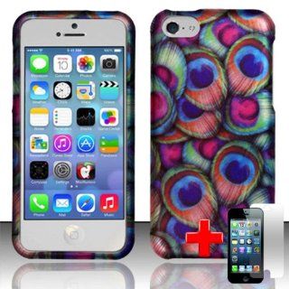 Apple iPhone 5C/Lite   2 Piece Snap On Rubberized Hard Plastic Case Cover, Abstract Peacock Feather Design Blue/Brown + LCD Clear Screen Saver Protector Cell Phones & Accessories