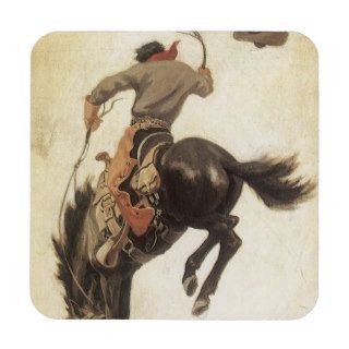 Vintage Cowboy on a Bucking Bronco Horse, Western Beverage Coasters