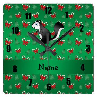 Personalized name skunk green candy canes bows square wall clock