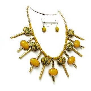 193l 87 Oval Bead Gold Plated Yellow Necklace Earring Set Jewelry