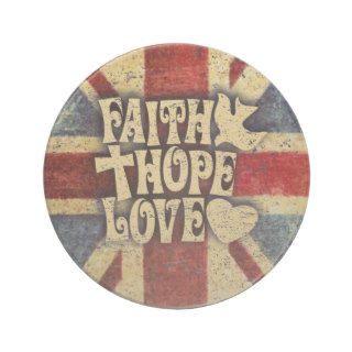 Faith, Love, and Hope distressed union jack art. Drink Coasters