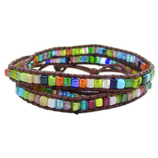 Handcrafted Leather/ Glass Stone Mosaic Wrap Bracelet with Bonus Bracelet (India) Bracelets
