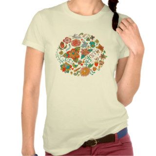 Colorful Retro Flowers And Birds Circle Design Tee Shirt