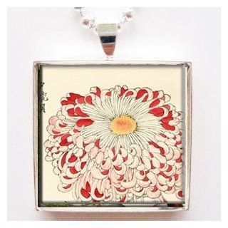 Chrysanthemum Flower Glass Tile Pendant Necklace with Chain Clothing