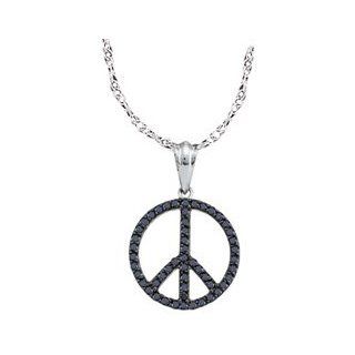 14k White Gold Black Colored Round Pave Diamond Womens Ladies Unique Peace sign Circle Fashion Pendant with 18" Chain   .75 (3/4) Ct.t.w. Jewelry
