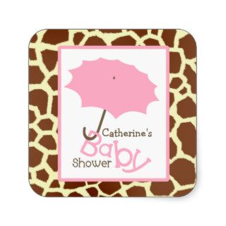 Baby Shower Pink Umbrella & Giraffe Print Square Sticker