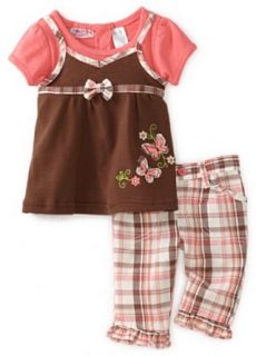 Young Hearts Baby Girls Infant Mock Double Layer Skirt With Plaid Woven Pant Set, Pink/Brown, 12 Months Clothing