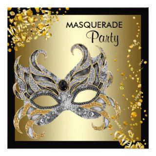 Confetti Mask Black Gold Masquerade Party Personalized Announcement