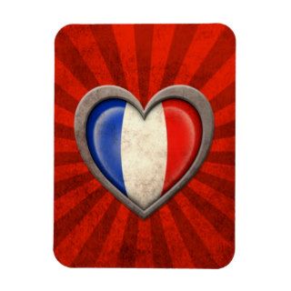 Aged French Flag Heart with Light Rays Rectangular Magnets