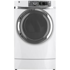 GE 8.3 cu. ft. RightHeight Front Load Gas Dryer with Steam in White, Pedestal Included GFDR480GFWW