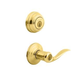 Kwikset Tustin Polished Brass Entry Lever and Single Cylinder Deadbolt Combo Pack Featuring SmartKey 991TNL 3 SMT CP K4