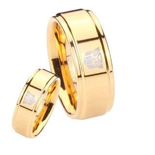 2 Pieces Tungsten Transformers Autobot Gold IP Step Edges Ring Set Size 4, 7 Jewelry