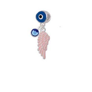 Medium Pink Enamel Angel Wing Blue Evil Eye Charm Bead Dangle with Crystal Drop Jewelry