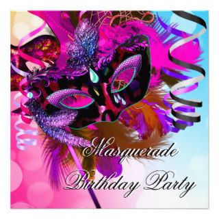 Birthday Masquerade Party Mask Blue Pink Custom Invitations