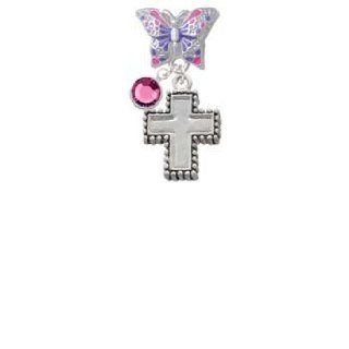 Silver Cross with Beaded Border Butterfly Charm Bead Dangle with Crystal Drop Delight & Co. Jewelry