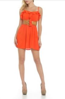 247 Frenzy Belted Ruffled Neckline Dress   Sunburst Orange (Medium)